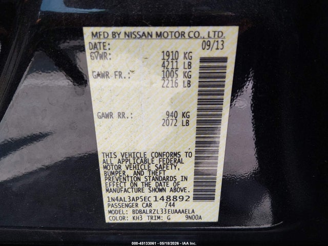 2014 Nissan Altima 2.5 S მანქანა იყიდება აუქციონზე, vin: 1N4AL3AP5EC148892, აუქციონის ნომერი: 45133061