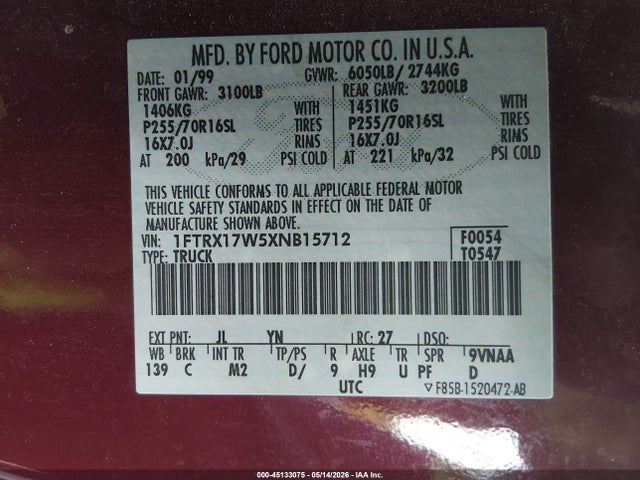 45133075 :رقم المزاد ، 1FTRX17W5XNB15712 vin ، 1999 Ford F-150 Lariat/work Series/xl/xlt مزاد بيع