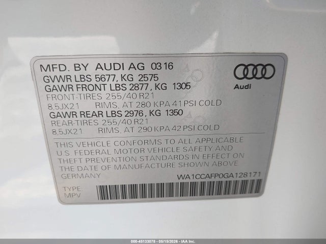 Продаж на аукціоні авто 2016 Audi Sq5 3.0t Premium Plus, vin: WA1CCAFP0GA128171, номер лоту: 45133078