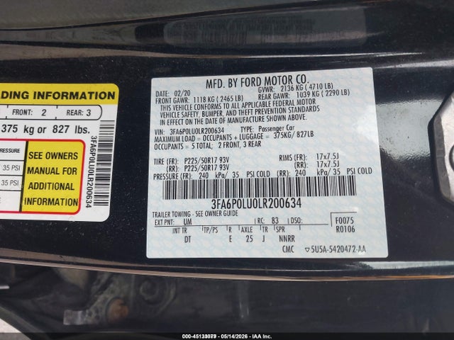 Aukcja sprzedaży 2020 Ford Fusion Hybrid Se, vin: 3FA6P0LU0LR200634, numer aukcji: 45133079