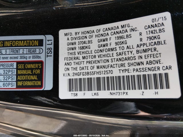 Продажа на аукционе авто 2015 Honda Civic Lx, vin: 2HGFG3B55FH512570, номер лота: 45133083