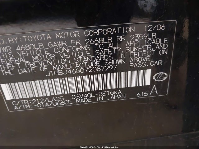 Aukcja sprzedaży 2007 Lexus Es 350, vin: JTHBJ46G072087297, numer aukcji: 45133087