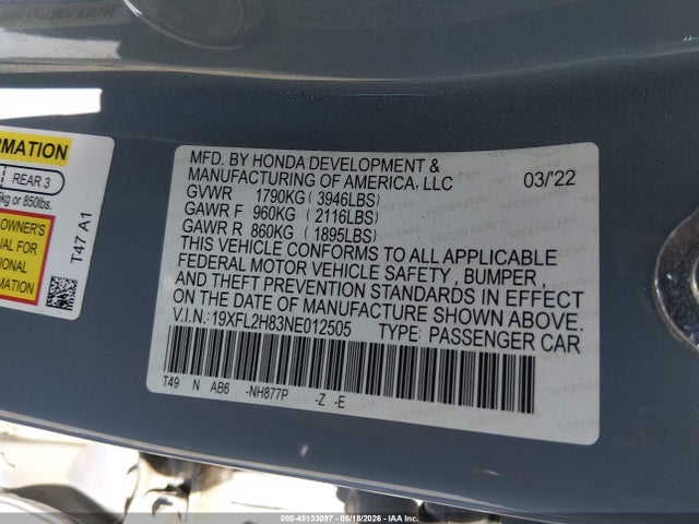 Aukcja sprzedaży 2022 Honda Civic Sport, vin: 19XFL2H83NE012505, numer aukcji: 45133097
