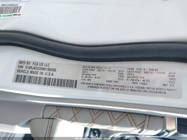 1C4RJKEG5M8195896 Jeep Grand Cherokee L Summit 4x4
