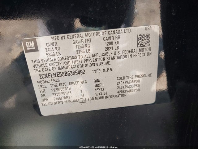Aukcja sprzedaży 2011 Chevrolet Equinox 2lt, vin: 2CNFLNE55B6365492, numer aukcji: 45133109