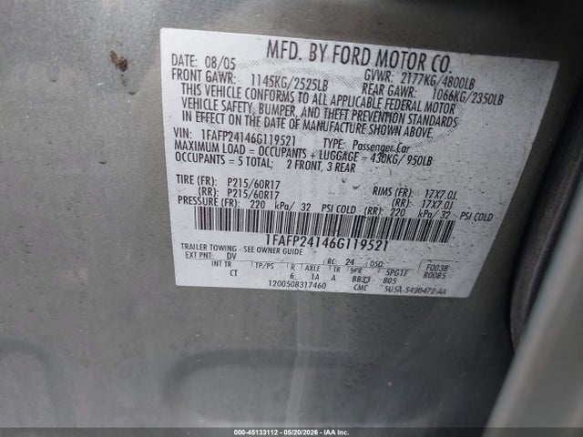 Aukcja sprzedaży 2006 Ford Five Hundred Sel, vin: 1FAFP24146G119521, numer aukcji: 45133112