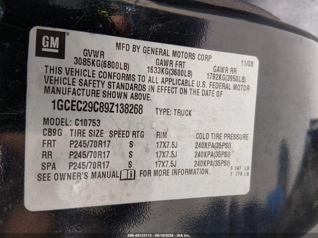 2009 Chevrolet Silverado 1500 Lt მანქანა იყიდება აუქციონზე, vin: 1GCEC29C89Z138268, აუქციონის ნომერი: 45133113