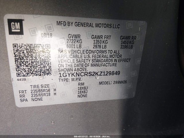 Продажа на аукционе авто 2019 Cadillac Xt5 Luxury, vin: 1GYKNCRS2KZ129849, номер лота: 45133122