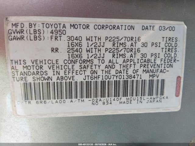 2000 Lexus Rx 300 მანქანა იყიდება აუქციონზე, vin: JT6HF10U7Y0138471, აუქციონის ნომერი: 45133135