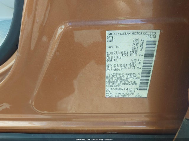 Продажа на аукционе авто 2016 Nissan Murano S, vin: 5N1AZ2MH0GN142170, номер лота: 45133136