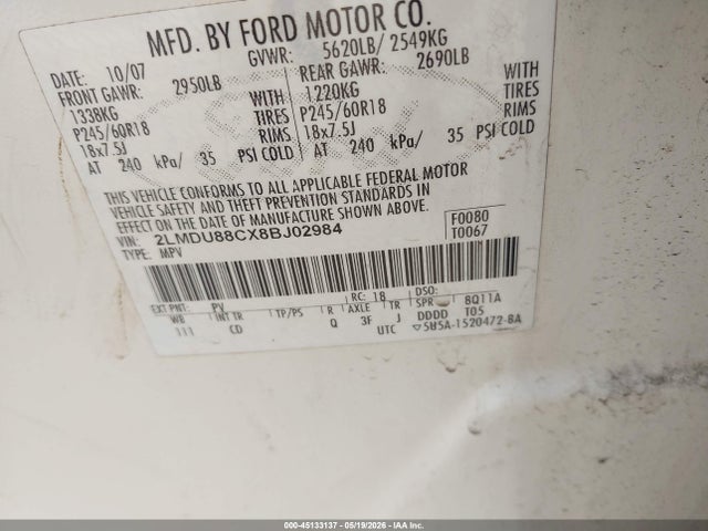 45133137 :رقم المزاد ، 2LMDU88CX8BJ02984 vin ، 2008 Lincoln Mkx مزاد بيع
