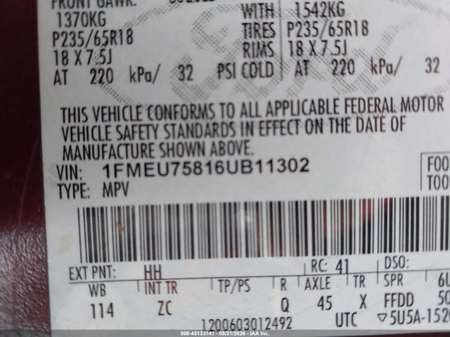 Auction sale of the 2006 Ford Explorer Limited, vin: 1FMEU75816UB11302, lot number: 45133141