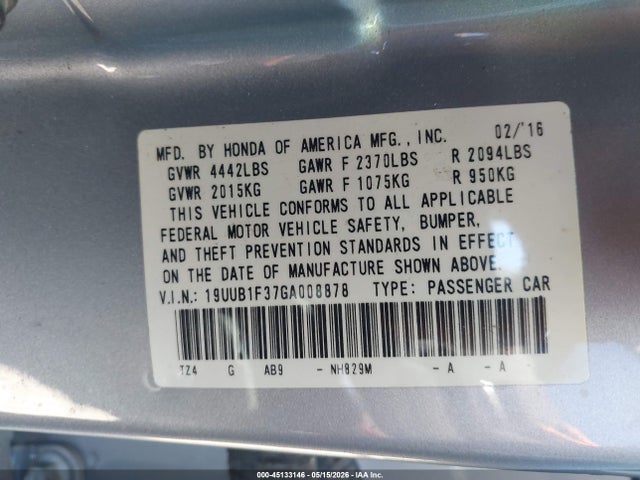 Aukcja sprzedaży 2016 Acura Tlx, vin: 19UUB1F37GA008878, numer aukcji: 45133146