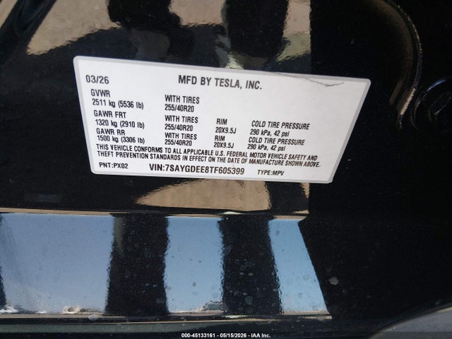Aukcja sprzedaży 2026 Tesla Model Y All-wheel Drive/long Range Launch Series/premium All-wheel Drive, vin: 7SAYGDEE8TF605399, numer aukcji: 45133161