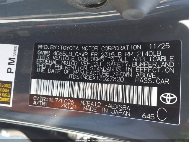 2026 Toyota Corolla Se მანქანა იყიდება აუქციონზე, vin: JTDS4MCEXT3527820, აუქციონის ნომერი: 45133164
