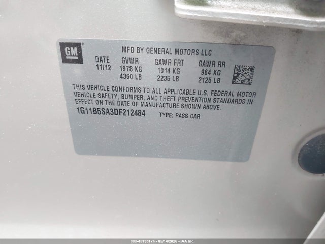 Aukcja sprzedaży 2013 Chevrolet Malibu 1ls, vin: 1G11B5SA3DF212484, numer aukcji: 45133174