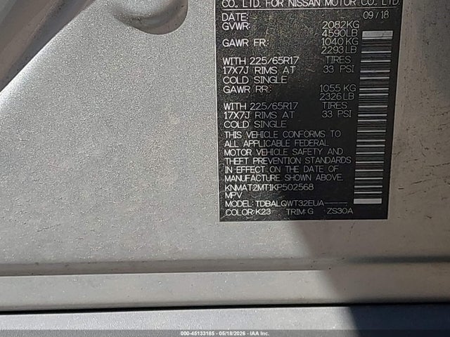 45133185 :رقم المزاد ، KNMAT2MT1KP502568 vin ، 2019 Nissan Rogue Sv مزاد بيع