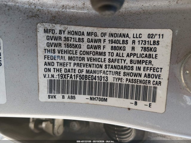 45133189 :رقم المزاد ، 19XFA1F50BE041013 vin ، 2011 Honda Civic Lx مزاد بيع