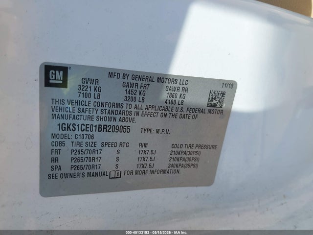 2011 Gmc Yukon Slt მანქანა იყიდება აუქციონზე, vin: 1GKS1CE01BR209055, აუქციონის ნომერი: 45133193