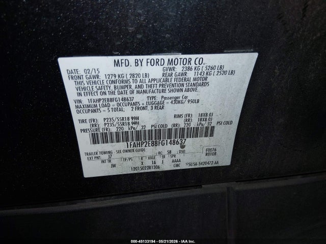 Ford TAURUS SEL 2015 1FAHP2E88FG148637 Image 9