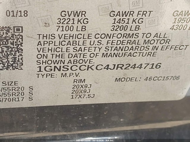 Aukcja sprzedaży 2018 Chevrolet Tahoe Premier, vin: 1GNSCCKC4JR244716, numer aukcji: 45133208