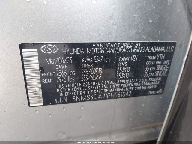 2023 Hyundai Santa Fe Sel მანქანა იყიდება აუქციონზე, vin: 5NMS3DAJ1PH561042, აუქციონის ნომერი: 45133209