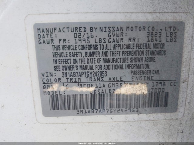Aukcja sprzedaży 2016 Nissan Sentra Sv, vin: 3N1AB7AP7GY242953, numer aukcji: 45133211