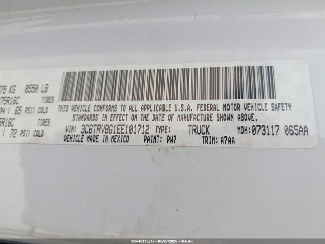 45133217 :رقم المزاد ، 3C6TRVBG1EE101712 vin ، 2014 Ram Promaster 1500 مزاد بيع