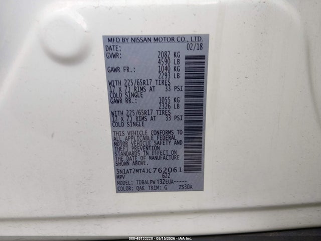 Aukcja sprzedaży 2018 Nissan Rogue S, vin: 5N1AT2MT4JC762061, numer aukcji: 45133220