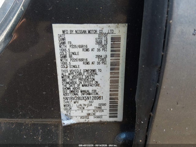 Aukcja sprzedaży 2005 Nissan Quest 3.5 Sl, vin: 5N1BV28UX5N128961, numer aukcji: 45133225