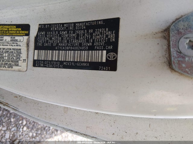 45133228 :رقم المزاد ، 4T1CA38P84U024859 vin ، 2004 Toyota Camry Solara Se V6 مزاد بيع