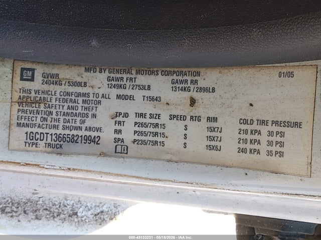 45133231 :رقم المزاد ، 1GCDT136658219942 vin ، 2005 Chevrolet Colorado Ls مزاد بيع