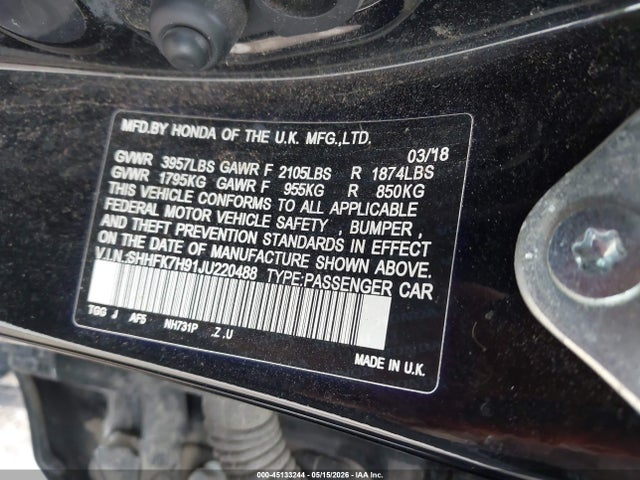 Aukcja sprzedaży 2018 Honda Civic Sport Touring, vin: SHHFK7H91JU220488, numer aukcji: 45133244