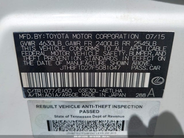 Aukcja sprzedaży 2015 Lexus Is 250, vin: JTHBF1D27F5081047, numer aukcji: 45133255