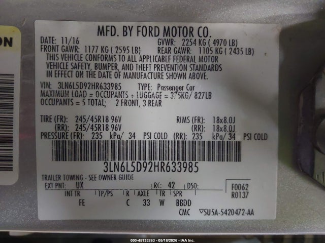 Продаж на аукціоні авто 2017 Lincoln Mkz Select, vin: 3LN6L5D92HR633985, номер лоту: 45133263