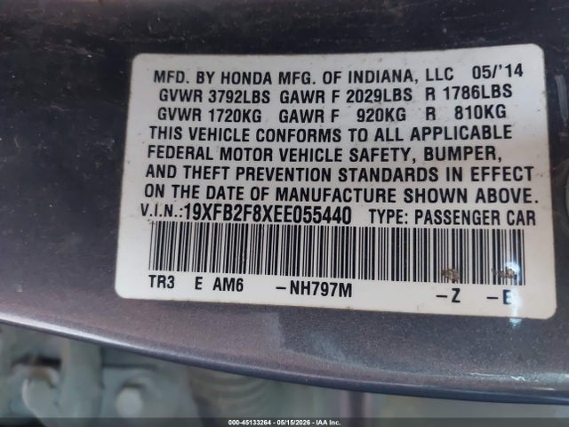 2014 Honda Civic Ex მანქანა იყიდება აუქციონზე, vin: 19XFB2F8XEE055440, აუქციონის ნომერი: 45133264