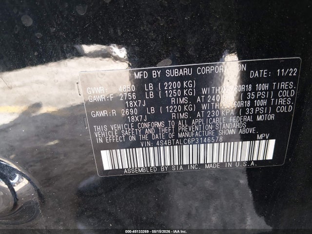 Aukcja sprzedaży 2023 Subaru Outback Onyx Edition, vin: 4S4BTALC6P3146578, numer aukcji: 45133269