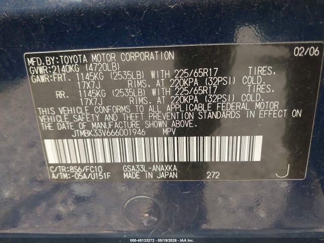 Aukcja sprzedaży 2006 Toyota Rav4 Base V6, vin: JTMBK33V666001946, numer aukcji: 45133272