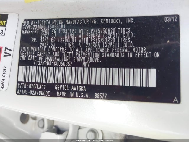 Aukcja sprzedaży 2012 Toyota Venza Xle V6, vin: 4T3ZK3BB1CU050357, numer aukcji: 45133278