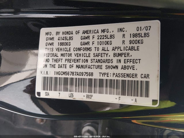 2007 Honda Accord 2.4 Ex მანქანა იყიდება აუქციონზე, vin: 1HGCM56787A097568, აუქციონის ნომერი: 45133284
