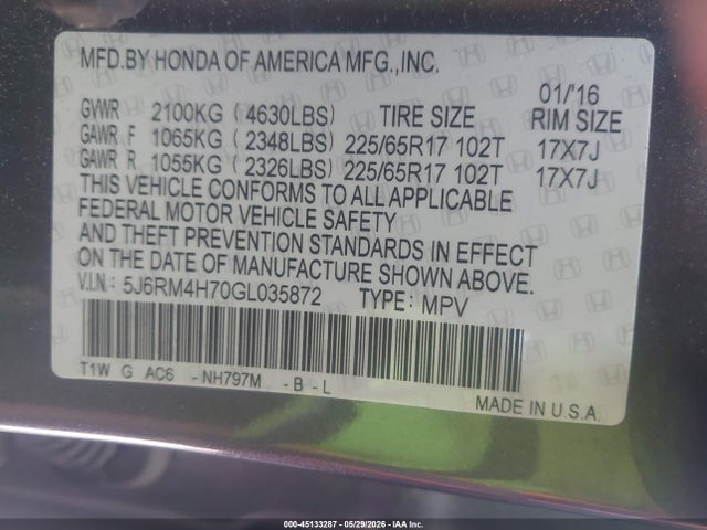 Продаж на аукціоні авто 2016 Honda Cr-v Ex-l, vin: 5J6RM4H70GL035872, номер лоту: 45133287