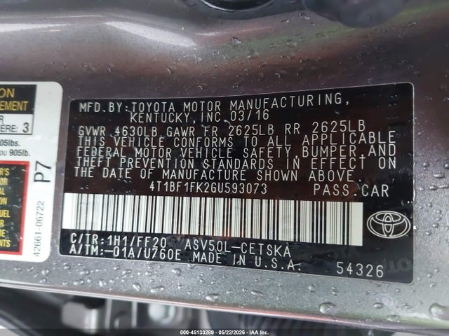 Продажа на аукционе авто 2016 Toyota Camry Se, vin: 4T1BF1FK2GU593073, номер лота: 45133289