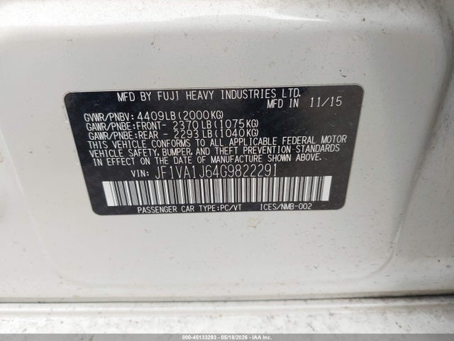2016 Subaru Wrx Limited მანქანა იყიდება აუქციონზე, vin: JF1VA1J64G9822291, აუქციონის ნომერი: 45133293