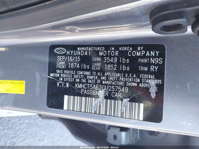 45133294 :رقم المزاد ، KMHCT5AE3GU257549 vin ، 2016 Hyundai Accent Se مزاد بيع