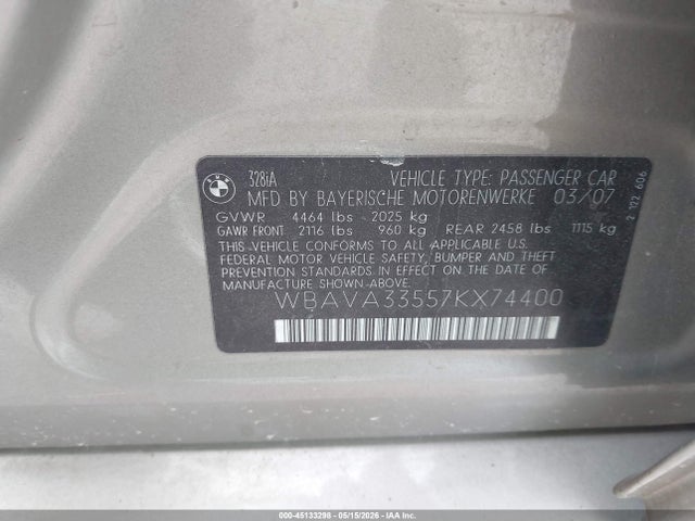 Aukcja sprzedaży 2007 Bmw 328i, vin: WBAVA33557KX74400, numer aukcji: 45133298