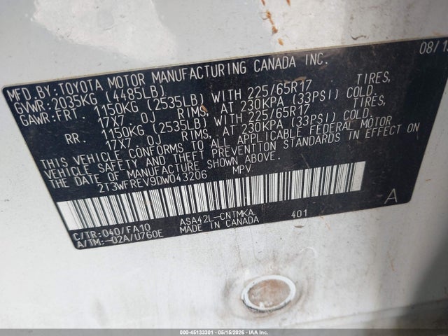45133301 :رقم المزاد ، 2T3WFREV9DW043206 vin ، 2013 Toyota Rav4 Xle مزاد بيع