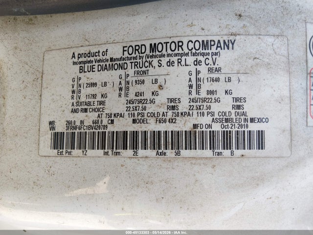 Продаж на аукціоні авто 2011 Ford F-650, vin: 3FRNF6FC1BV420789, номер лоту: 45133303