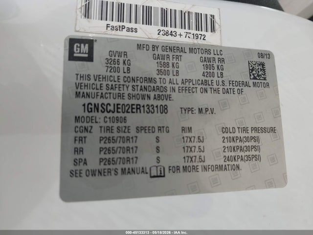 1GNSCJE02ER133108 Chevrolet Suburban 1500 Lt