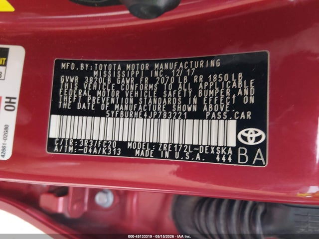 2018 Toyota Corolla Se მანქანა იყიდება აუქციონზე, vin: 5YFBURHE4JP783221, აუქციონის ნომერი: 45133319