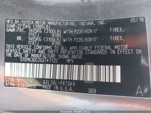 Aukcja sprzedaży 2016 Toyota Sienna Xle Premium 8 Passenger, vin: 5TDYK3DC2GS741132, numer aukcji: 45133362